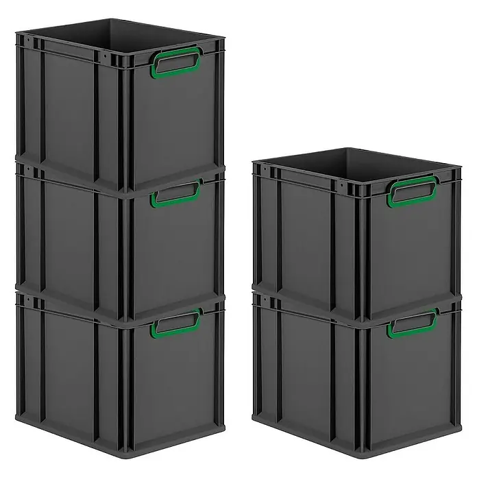Proregal Euroboxen-Set 4x Eurobox NextGen Color - Kunststoff, Schwarz, Grün, 4 Stk. - Stapel grauer Kunststoffbehälter mit grünen Griffen, ideal für Lagerung und Organisation. Praktische Aufbewahrungslösung.
