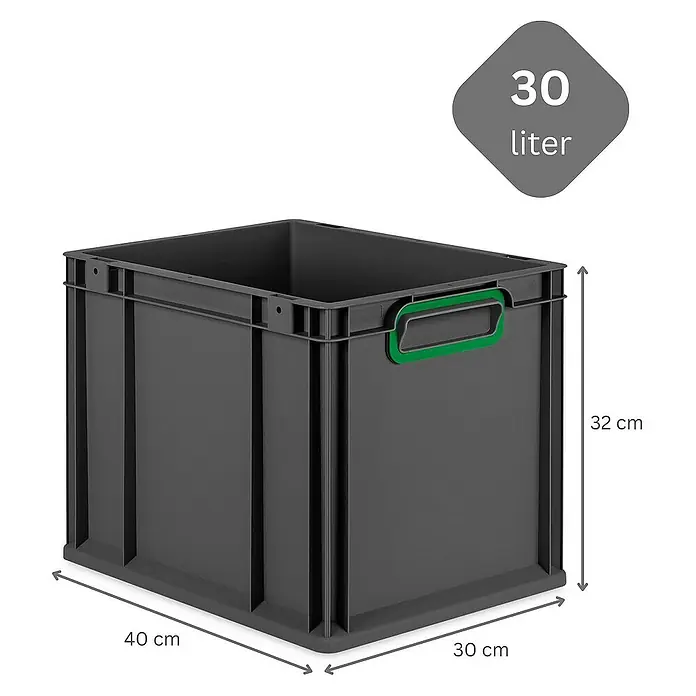 Proregal Euroboxen-Set 4x Eurobox NextGen Color - Kunststoff, Schwarz, Grün, 4 Stk. - Graue Kunststoffbox mit den Maßen 40x30x32 cm und einem Fassungsvermögen von 30 Litern. Praktisch für Lagerung und Transport.