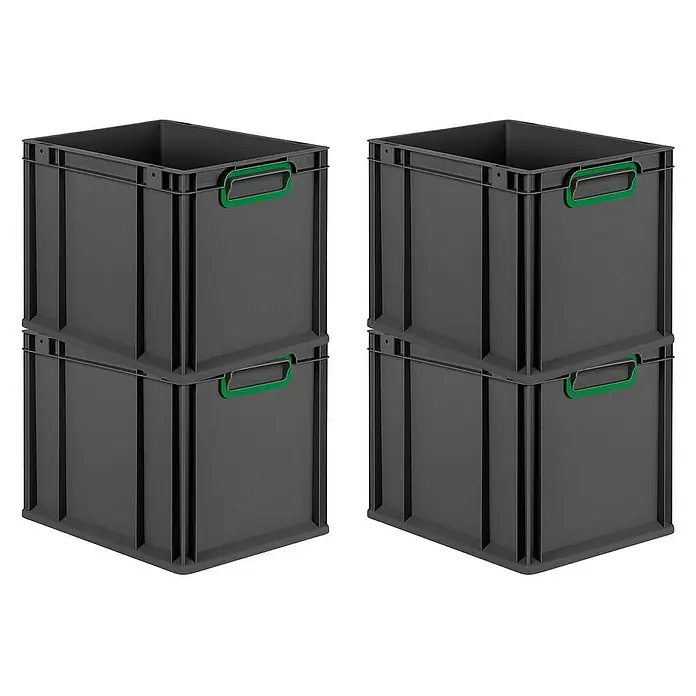Proregal Euroboxen-Set 4x Eurobox NextGen Color - Kunststoff, Schwarz, Grün, 4 Stk. - Zwei Stapel grauer Kunststoffboxen mit grünen Griffen, die sich ideal für Lagerung und Organisation eignen.\n