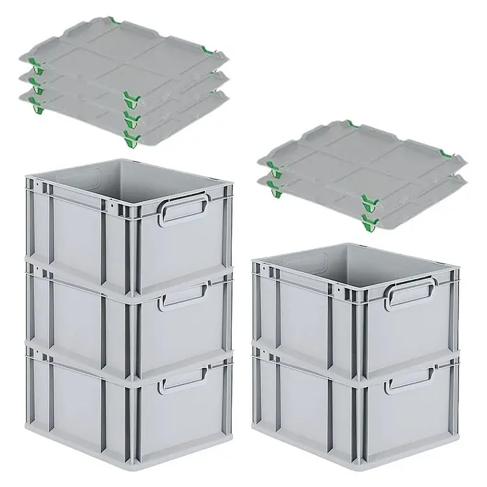 Proregal Euroboxen-Set 5x Eurobox NextGen Economy mit Auflagedeckel und 4x Verschlüsse Grün - L x B x H: 40 x 30 x 22 cm, Kunststoff, Grau, 5 Stk. - Graue Kunststoffboxen mit Deckeln für Lagerung und Transport.
