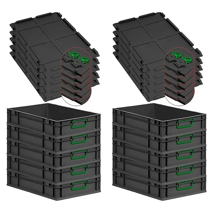 SuperSparSet 10x Eurobox NextGen Color mit Scharnierdeckel und Schiebeschnappverschlüssen | HxBxT 12x40x60cm | 23 Liter | Schwarz | Griffe grün geschlossen | Eurobehälter, Transportbox, Transportbehälter, Stapelbehälter -  - Ein Set aus schwarzen Kunststoffbehältern und passenden Deckeln mit grünen Akzenten, ideal für Lagerung und Organisation.