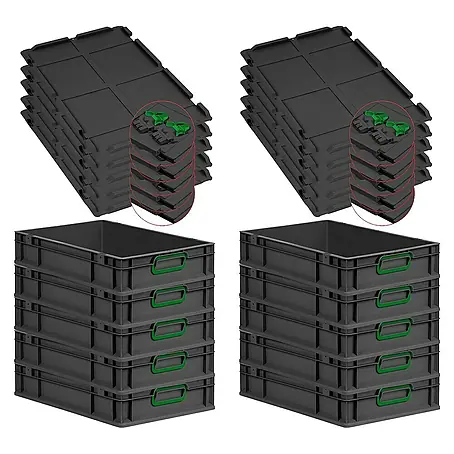 SuperSparSet 10x Eurobox NextGen Color mit Scharnierdeckel und Schiebeschnappverschlüssen | HxBxT 12x40x60cm | 23 Liter | Schwarz | Griffe grün geschlossen | Eurobehälter, Transportbox, Transportbehälter, Stapelbehälter