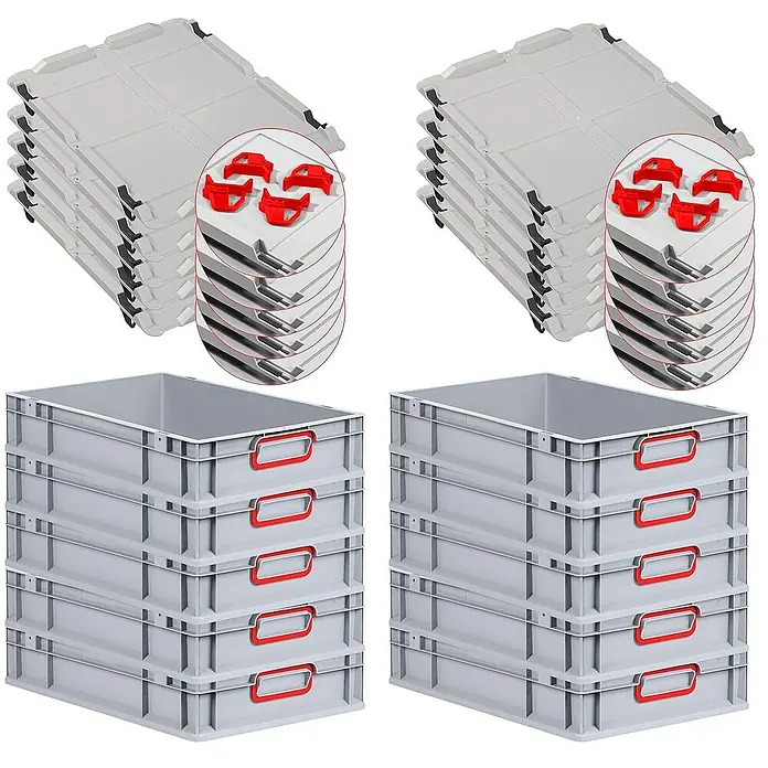 Proregal Euroboxen-Set 10x Eurobox NextGen Color mit Auflagedeckel und Schiebeschnappverschlüsse - L x B x H: 60 x 40 x 12 cm, Kunststoff, Grau, Rot, 10 Stk. - Bild von zwei Stapeln grauer Lagerboxen und zwei Stapeln grauer Deckel mit roten Verschlüssen.