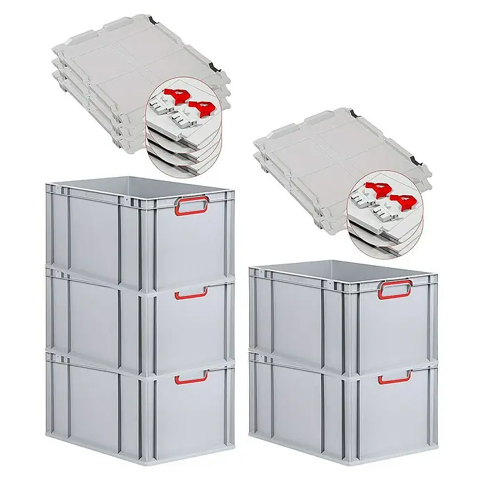 Proregal Euroboxen-Set 5x Eurobox NextGen Color mit Scharnierdeckel und Verschlüssen - L x B x H: 60 x 40 x 32 cm, Kunststoff, Grau, Rot, 5 Stk. - Graue Kunststoffboxen mit roten Griffen und dazu passende Deckel, die gestapelt sind.