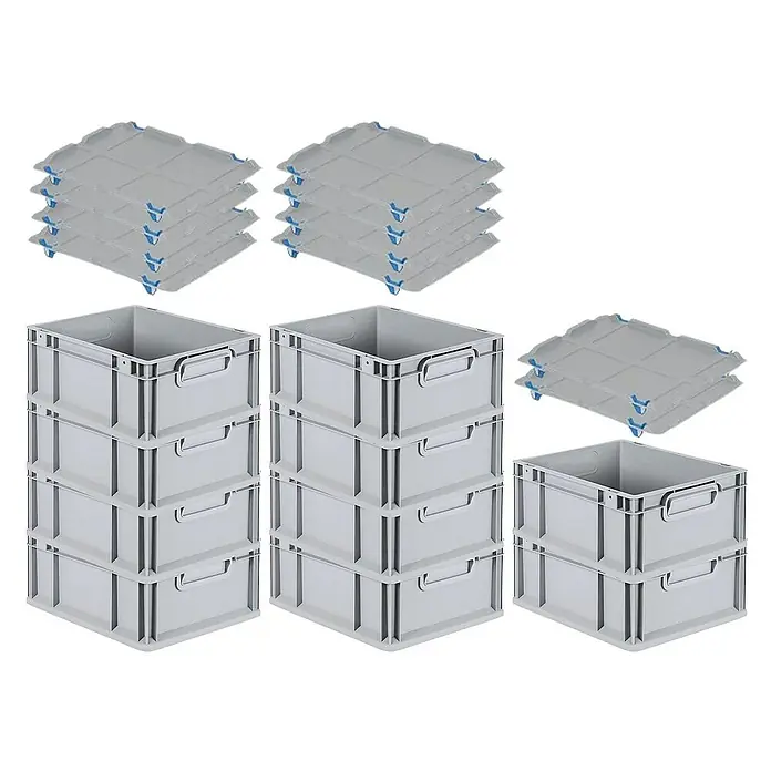 Proregal Euroboxen-Set 10x Eurobox NextGen Economy mit Auflagedeckel und 4x Verschlüsse Blau - L x B x H: 40 x 30 x 17 cm, Kunststoff, Grau, 10 Stk. - Bild von mehreren grauen Lagerboxen aus Kunststoff und passenden Deckeln.
