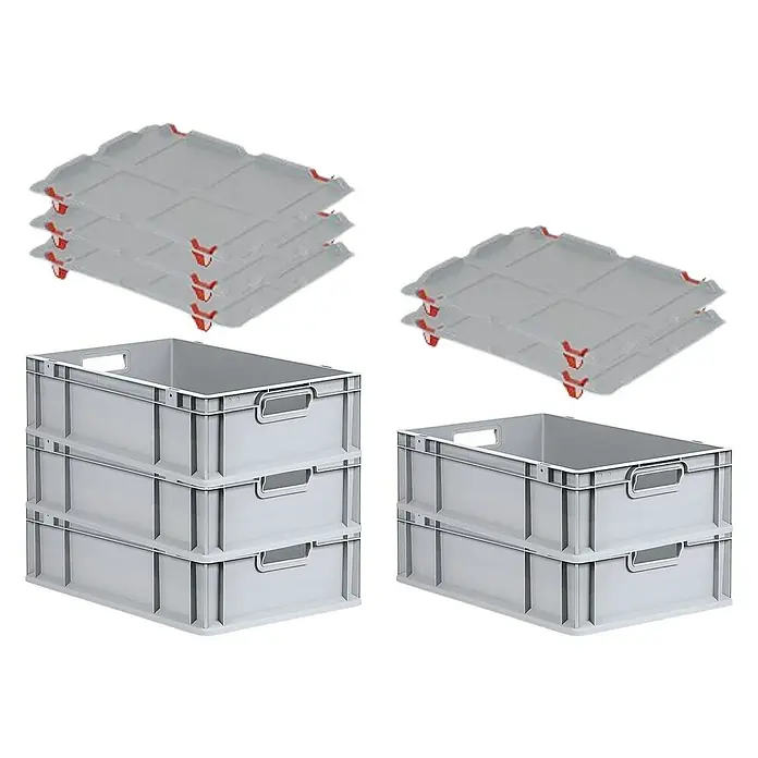 Proregal Euroboxen-Set 5x Eurobox NextGen Economy mit Auflagedeckel und 4x Verschlüsse Rot - L x B x H: 60 x 40 x 17 cm, Kunststoff, Grau, 5 Stk. - Das Bild zeigt graue Stapelboxen mit roten Deckeln, gestapelt und separat. Praktische Behälter zur Aufbewahrung und zum Transport von Gegenständen.
