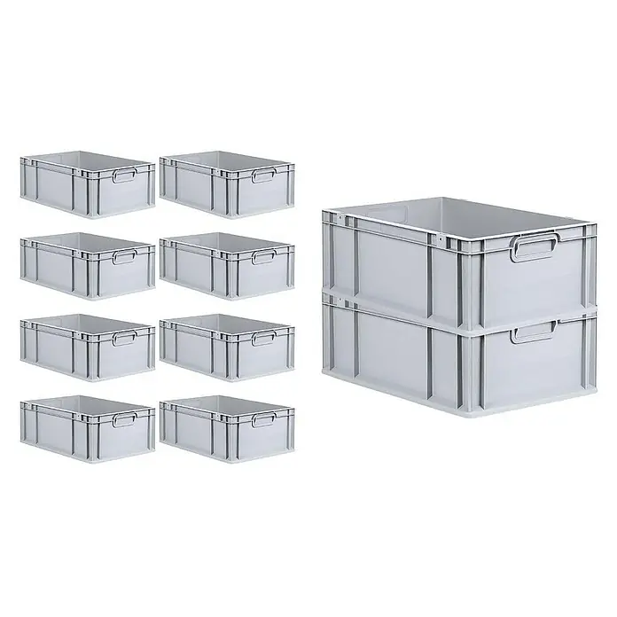 Proregal Euroboxen-Set 10x Eurobox NextGen Economy mit Scharnierdeckel und blauen Verschlüssen - L x B x H: 60 x 40 x 22 cm, Kunststoff, Grau, 10 Stk. - Acht graue Kunststoffboxen und zwei gestapelte Boxen im Bild. Praktische und stapelbare Aufbewahrungslösungen für Ordnung.