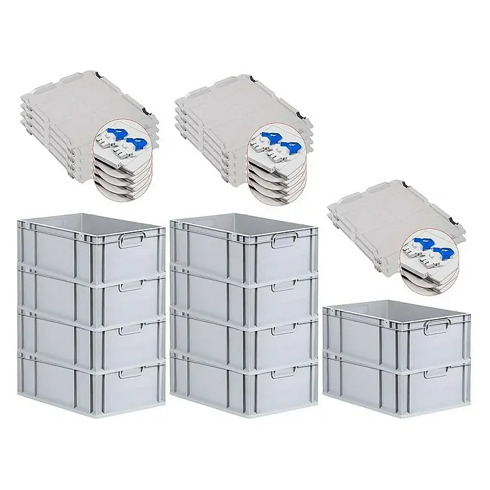 Proregal Euroboxen-Set 10x Eurobox NextGen Economy mit Scharnierdeckel und blauen Verschlüssen - L x B x H: 60 x 40 x 22 cm, Kunststoff, Grau, 10 Stk. - Stapelbare Kunststoffbehälter und zugehörige Deckel für Lagerung & Transport. Robust, vielseitig und platzsparend.