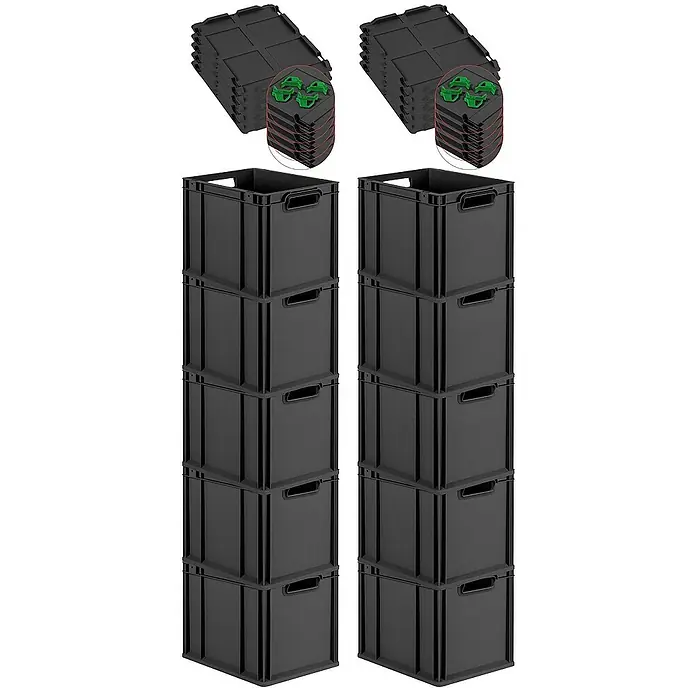 Proregal Euroboxen-Set 10x Eurobox NextGen Grip mit Auflagedeckel inkl. 4 grünen Verschlüssen - L x B x H: 40 x 30 x 32 cm, Kunststoff, Schwarz, 10 Stk. - Das Bild zeigt zwei Stapel schwarzer, faltbarer Kunststoffkisten mit Deckeln. Ideal für Lagerung und Organisation.