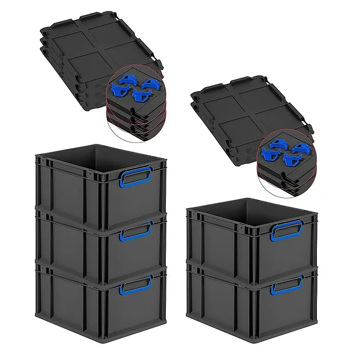 Proregal Euroboxen-Set 5x Eurobox NextGen Color mit Auflagedeckel und Schiebeschnappverschlüsse - L x B x H: 40 x 30 x 22 cm, Kunststoff, Schwarz, Blau, 5 Stk. - Produktbild mit schwarzen Lagerboxen aus Kunststoff mit blauen Griffen und Deckeln.