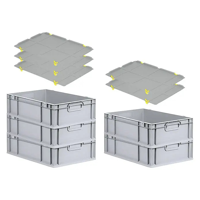 Proregal Euroboxen-Set 5x Eurobox NextGen Grip mit Auflagedeckel inkl. 4 gelben Verschlüssen - L x B x H: 60 x 40 x 17 cm, Kunststoff, Grau, 5 Stk. - Das Bild zeigt eine Anordnung von grauen Kunststoffbehältern und dazugehörigen Deckeln mit gelben Verschlüssen, ideal für Lagerung und Transport.