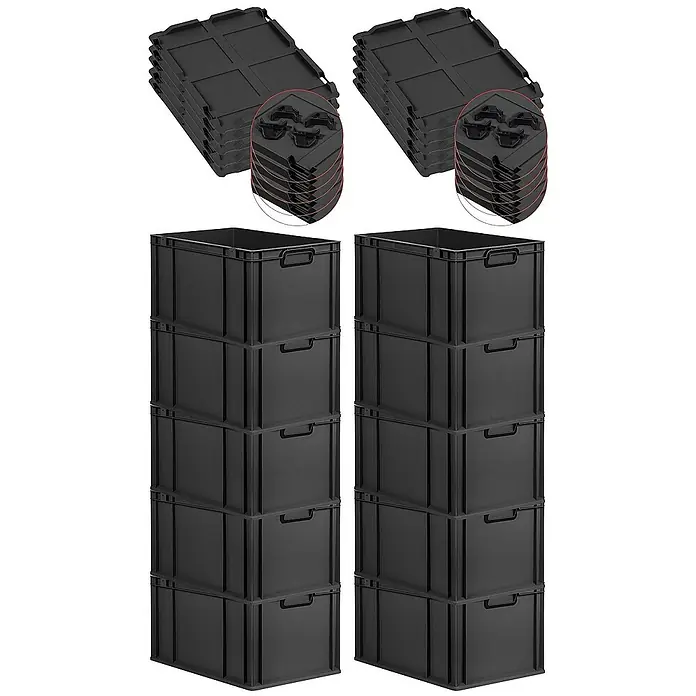 SparSet 10x Eurobox NextGen Color mit Auflagedeckel und Schiebeschnappverschlüsse | HxBxT 32x40x60cm | 65 Liter | Schwarz | Griffe schwarz geschlossen | Verstärkter Boden | Eurobehälter, Transportbox, Transportbehälter, Stapelbehälter -  - Stapelbare, schwarze Eurobehälter mit passenden Deckeln für eine platzsparende Lagerung und einen sicheren Transport.