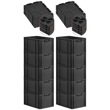 SparSet 10x Eurobox NextGen Color mit Auflagedeckel und Schiebeschnappverschlüsse | HxBxT 32x40x60cm | 65 Liter | Schwarz | Griffe schwarz geschlossen | Verstärkter Boden | Eurobehälter, Transportbox, Transportbehälter, Stapelbehälter