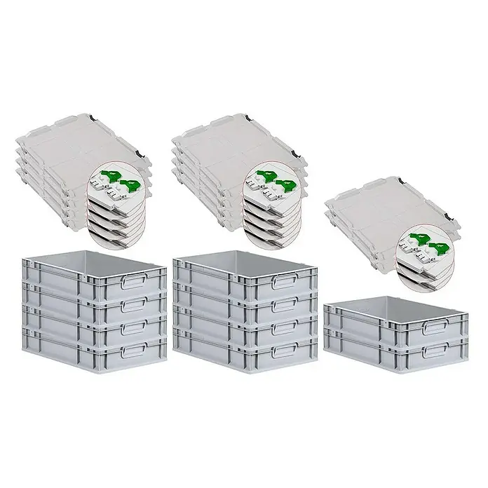 Proregal Euroboxen-Set 10x Eurobox NextGen Economy mit Scharnierdeckel und grünen Verschlüssen - L x B x H: 60 x 40 x 12 cm, Kunststoff, Grau, 10 Stk. - Graue Kunststoffbehälter mit Deckel. Die Behälter sind gestapelt und haben Griffe. Perfekt für Lagerung & Transport.