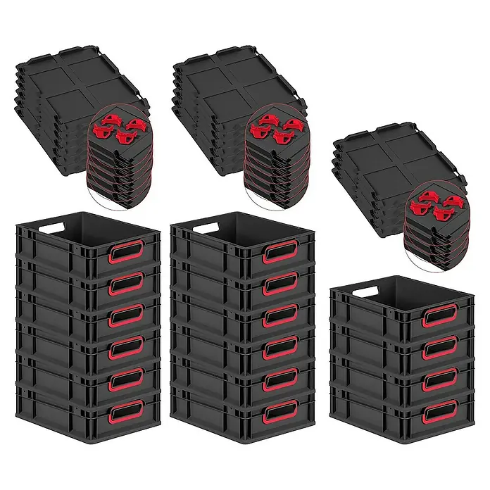 Proregal Euroboxen-Set 16x Eurobox NextGen Color mit Auflagedeckel und Schiebeschnappverschlüsse - L x B x H: 40 x 30 x 12 cm, Kunststoff, Schwarz, Rot, 16 Stk. - Mehrere Stapel schwarzer Aufbewahrungsboxen mit roten Akzenten, perfekt für Organisation und Lagerung.