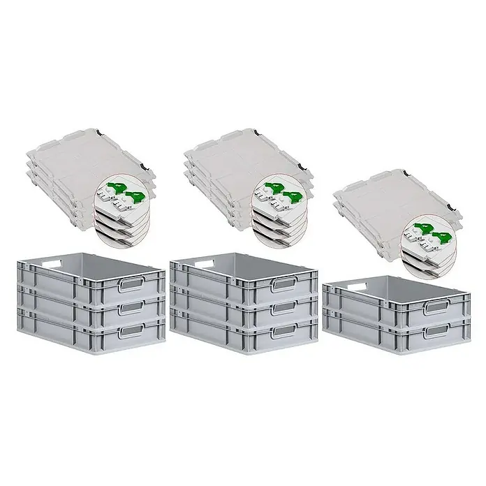 Proregal Euroboxen-Set 8x Eurobox NextGen Economy mit Scharnierdeckel und grünen Verschlüssen - L x B x H: 60 x 40 x 12 cm, Kunststoff, Grau, 8 Stk. - Drei Stapelboxen und drei Deckel-Sets. Ideal für Lagerung und Transport. Die Deckel haben praktische Verschlüsse für sicheren Halt.