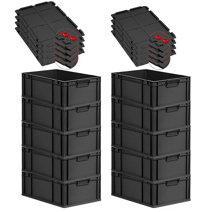 Proregal Euroboxen-Set 10x Eurobox NextGen Grip mit Scharnierdeckel und roten Verschlüssen - L x B x H: 60 x 40 x 22 cm, Kunststoff, Schwarz, 10 Stk. - Bild von schwarzen Kunststoffboxen und Deckeln, die für Lagerung und Organisation gestapelt sind.