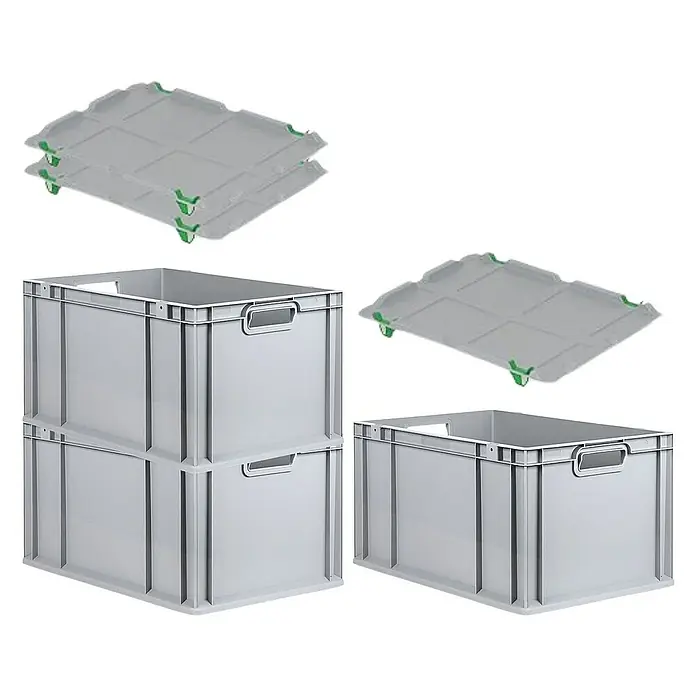 Proregal Euroboxen-Set 3x Eurobox NextGen Economy mit Auflagedeckel und 4x Verschlüsse Grün - L x B x H: 60 x 40 x 32 cm, Kunststoff, Grau, 3 Stk. - Graue Kunststoffbehälter mit Deckel, ideal für Lagerung und Transport. Robuste Bauweise mit praktischen Griffen für einfache Handhabung.