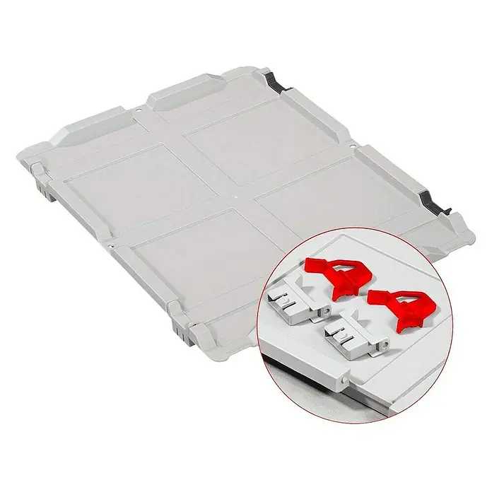 Proregal Euroboxen-Set 4x Eurobox NextGen Color mit Scharnierdeckel und Verschlüssen - Kunststoff, Grau, Rot, 4 Stk. - Graue Eurobox-Abdeckung mit verstärkten Ecken und abnehmbaren roten Clips zur sicheren Aufbewahrung und zum Schutz des Inhalts.