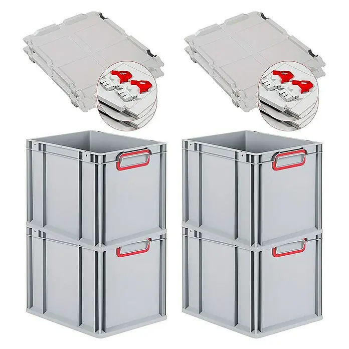Proregal Euroboxen-Set 4x Eurobox NextGen Color mit Scharnierdeckel und Verschlüssen - Kunststoff, Grau, Rot, 4 Stk. - Vier graue Lagerbehälter mit roten Griffen und zwei graue Deckel mit roten Verriegelungen. Robuste und stapelbare Kunststoffboxen für die Lagerung.