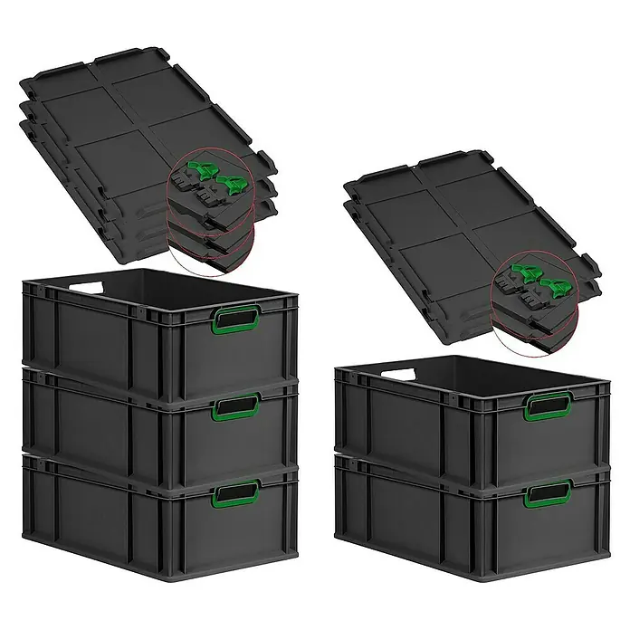 SuperSparSet 5x Eurobox NextGen Color mit Scharnierdeckel und Schiebeschnappverschlüssen | HxBxT 22x40x60cm | 44 Liter | Schwarz | Griffe grün offen | Verstärkter Boden | Eurobehälter, Transportbox, Transportbehälter, Stapelbehälter -  - Das Bild zeigt stapelbare, graue Aufbewahrungsboxen aus Kunststoff mit grünen Griffen und zugehörige Deckel.