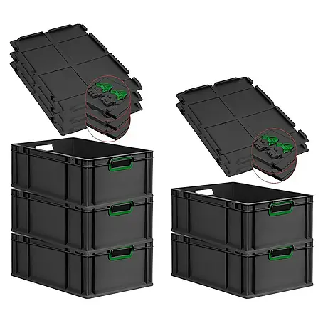 SuperSparSet 5x Eurobox NextGen Color mit Scharnierdeckel und Schiebeschnappverschlüssen | HxBxT 22x40x60cm | 44 Liter | Schwarz | Griffe grün offen | Verstärkter Boden | Eurobehälter, Transportbox, Transportbehälter, Stapelbehälter