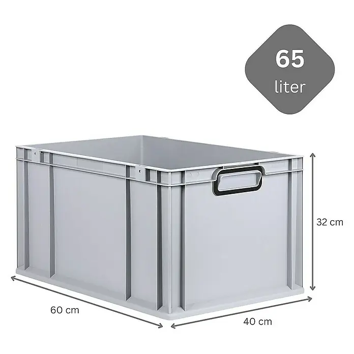 Proregal Euroboxen-Set 10x Eurobox NextGen Color mit Scharnierdeckel und Verschlüssen - L x B x H: 60 x 40 x 32 cm, Kunststoff, Grau, Schwarz, 10 Stk. - Abbildung eines grauen 65-Liter-Lagerbehälters mit den Maßen 60 cm x 40 cm x 32 cm, ideal für Organisation und Aufbewahrung.