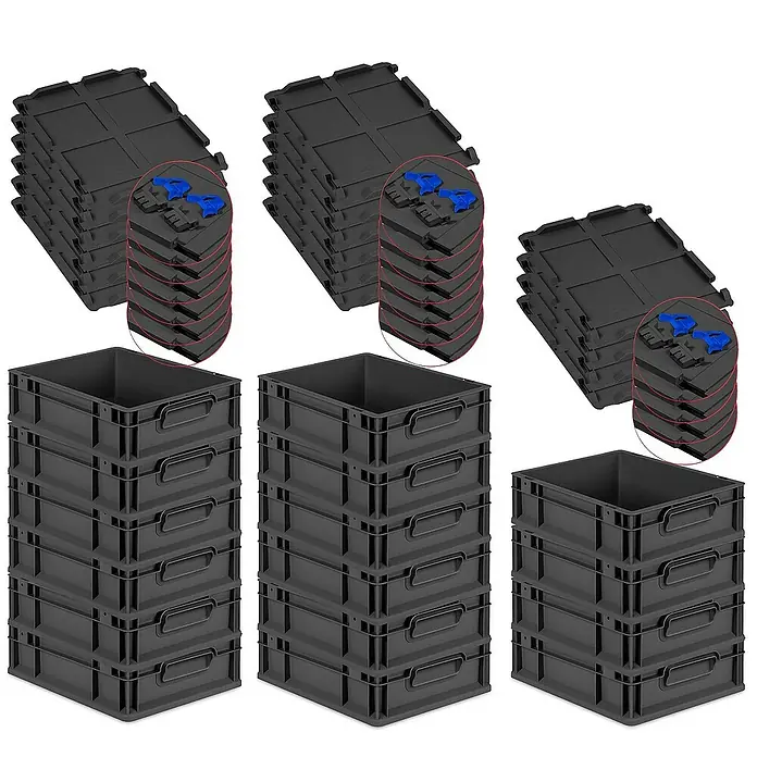 Proregal Euroboxen-Set 16x Eurobox NextGen Grip mit Scharnierdeckel und blauen Verschlüssen - L x B x H: 40 x 30 x 12 cm, Kunststoff, Schwarz, 16 Stk. - Bild von mehreren Stapeln von grauen Kunststoffkisten und Bodenfliesen.