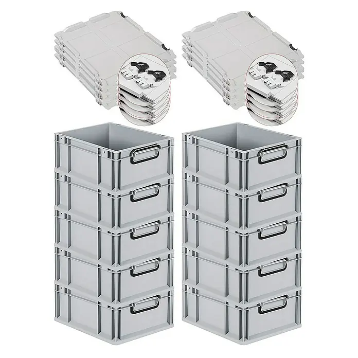 SuperSparSet 10x Eurobox NextGen Color mit Scharnierdeckel und Schiebeschnappverschlüssen | HxBxT 17x30x40cm | 16 Liter | Grau | Griffe schwarz geschlossen | Glatter Boden | Eurobehälter, Transportbox, Transportbehälter, Stapelbehälter -  - Graue Euroboxen mit Deckel, gestapelt. Die Euroboxen sind praktische und robuste Lagerlösungen für verschiedene Anwendungen.