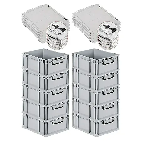 SuperSparSet 10x Eurobox NextGen Color mit Scharnierdeckel und Schiebeschnappverschlüssen | HxBxT 17x30x40cm | 16 Liter | Grau | Griffe schwarz geschlossen | Glatter Boden | Eurobehälter, Transportbox, Transportbehälter, Stapelbehälter