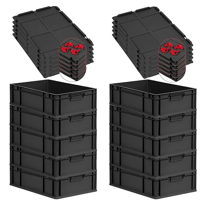 Proregal Euroboxen-Set 10x Eurobox NextGen Grip mit Auflagedeckel inkl. 4 roten Verschlüssen - L x B x H: 60 x 40 x 17 cm, Kunststoff, Schwarz, 10 Stk. - Schwarze Stapelboxen mit Deckel und roten Clips. Ideal für Lagerung und Organisation.