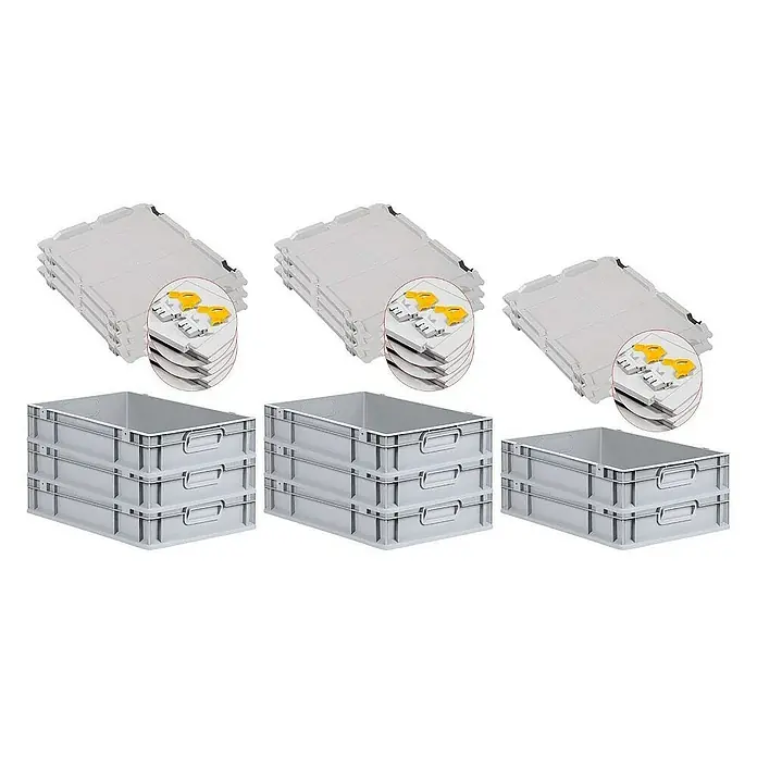 Proregal Euroboxen-Set 8x Eurobox NextGen Grip mit Scharnierdeckel und gelben Verschlüssen - L x B x H: 60 x 40 x 12 cm, Kunststoff, Grau, 8 Stk. - Abbildung von grauen Lagerboxen und Deckeln. Stapelbare Boxen und Deckel für eine effiziente Lagerung.