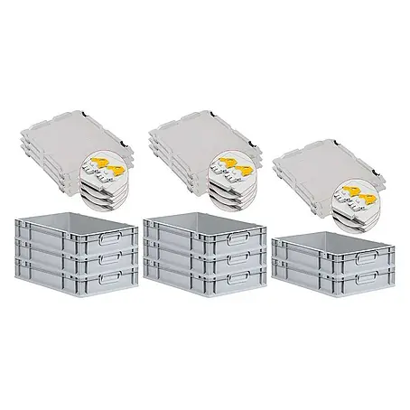 SuperSparSet 8x Eurobox NextGen Grip mit Scharnierdeckel und gelben Schiebeschnappverschlüssen | HxBxT 12x40x60cm | 23 Liter | Grau | Griffe geschlossen | Glatter Boden | Eurobehälter, Transportbox, Transportbehälter, Stapelbehälter
