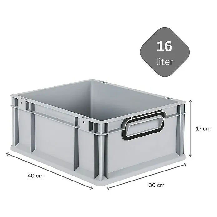 SuperSparSet 10x Eurobox NextGen Color mit Scharnierdeckel und Schiebeschnappverschlüssen | HxBxT 17x30x40cm | 16 Liter | Grau | Griffe schwarz geschlossen | Glatter Boden | Eurobehälter, Transportbox, Transportbehälter, Stapelbehälter -  - Graue 16-Liter-Kunststoffbox mit den Maßen 40x30x17 cm, ideal für Lagerung und Organisation. Robuste Ausführung mit praktischen Griffen.