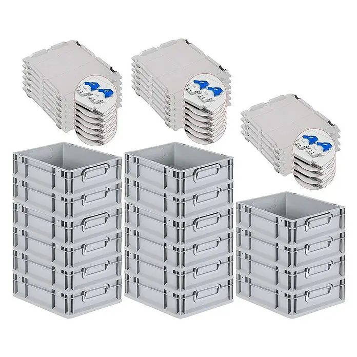 SuperSparSet 16x Eurobox NextGen Grip mit Scharnierdeckel und blauen Schiebeschnappverschlüssen | HxBxT 12x30x40cm | 11 Liter | Grau | Griffe geschlossen | Glatter Boden | Eurobehälter, Transportbox, Transportbehälter, Stapelbehälter -  - Sechs graue Lagerbehälter sind gestapelt und drei graue Deckel sind aufgereiht.