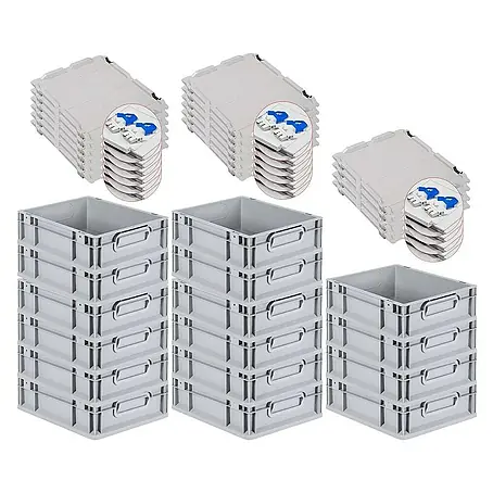 SuperSparSet 16x Eurobox NextGen Grip mit Scharnierdeckel und blauen Schiebeschnappverschlüssen | HxBxT 12x30x40cm | 11 Liter | Grau | Griffe geschlossen | Glatter Boden | Eurobehälter, Transportbox, Transportbehälter, Stapelbehälter
