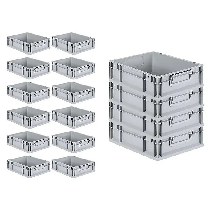 SuperSparSet 16x Eurobox NextGen Grip mit Scharnierdeckel und blauen Schiebeschnappverschlüssen | HxBxT 12x30x40cm | 11 Liter | Grau | Griffe geschlossen | Glatter Boden | Eurobehälter, Transportbox, Transportbehälter, Stapelbehälter -  - Stapelbare graue Kunststoffboxen, ideal zur Aufbewahrung und Organisation von Gegenständen im Haushalt oder im Büro. Robust und praktisch.