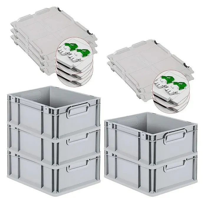 Proregal Euroboxen-Set 5x Eurobox NextGen Grip mit Scharnierdeckel und grünen Verschlüssen - L x B x H: 40 x 30 x 17 cm, Kunststoff, Grau, 5 Stk. - Graue Eurobehälter und zugehörige Deckel, die robustes, modulares Verstauen für Industrie und Lager bieten.