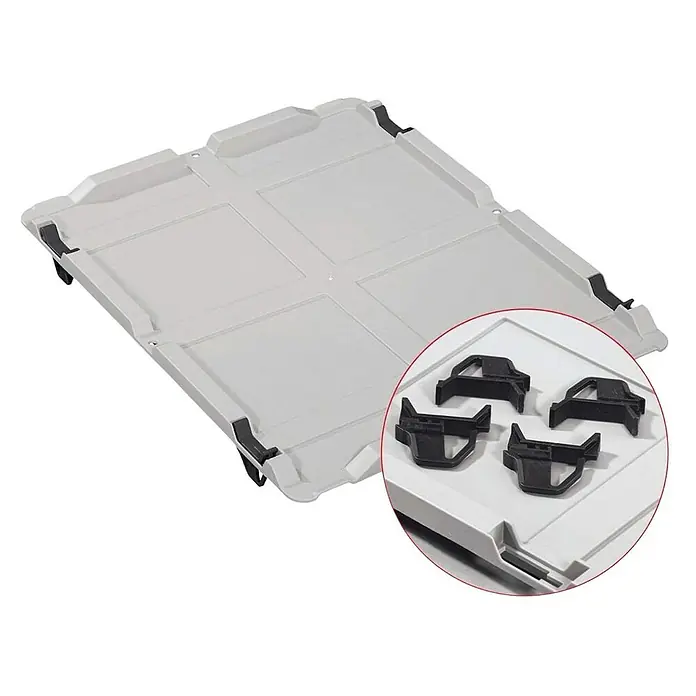 Proregal Euroboxen-Set 5x Eurobox NextGen Color mit Auflagedeckel und Schiebeschnappverschlüsse - Kunststoff, Grau, Schwarz, 5 Stk. - Graue Ladefläche mit schwarzen Befestigungsclips für zusätzlichen Halt und Stabilität beim Transport von Gegenständen.