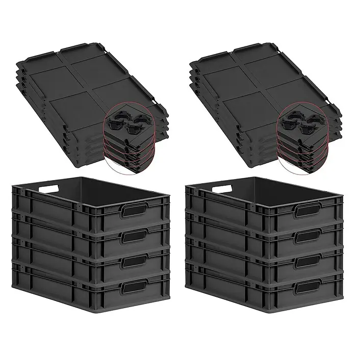 SuperSparSet 8x Eurobox NextGen Grip mit Auflagedeckel inkl. 4 schwarzen Schiebeschnappverschlüssen | HxBxT 12x40x60cm | 23 Liter | Schwarz | Griffe offen | Eurobehälter, Transportbox, Transportbehälter, Stapelbehälter -  - Gestapelte schwarze Kunststoffboxen mit dazugehörigen Deckeln für eine ordentliche Aufbewahrung und Organisation.