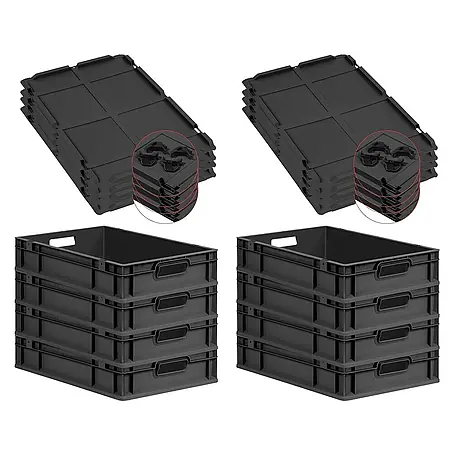 SuperSparSet 8x Eurobox NextGen Grip mit Auflagedeckel inkl. 4 schwarzen Schiebeschnappverschlüssen | HxBxT 12x40x60cm | 23 Liter | Schwarz | Griffe offen | Eurobehälter, Transportbox, Transportbehälter, Stapelbehälter