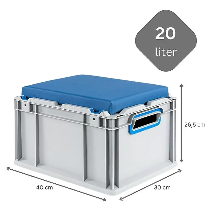 Proregal Euroboxen-Set 6x Eurobox NextGen Seat Box Blau - L x B x H: 40 x 30 x 26,5 cm, Kunststoff, Grau, Blau, 6 Stk. - Produktbild eines grauen 20-Liter-Kunststoffbehälters mit blauem Kissen und Größenangaben.