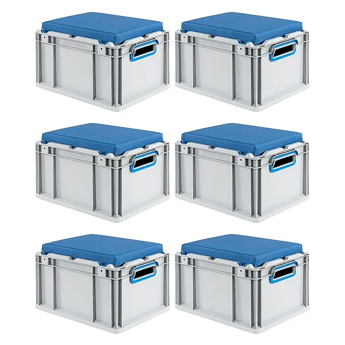 Proregal Euroboxen-Set 6x Eurobox NextGen Seat Box Blau - L x B x H: 40 x 30 x 26,5 cm, Kunststoff, Grau, Blau, 6 Stk. - Sechs graue Aufbewahrungsboxen mit blauen Kissen. Die Boxen sind stabil und ideal für die Organisation.