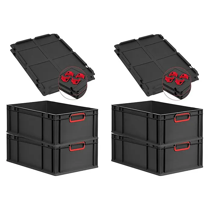 Proregal Euroboxen-Set 4x Eurobox NextGen Color mit Auflagedeckel und Schiebeschnappverschlüsse - L x B x H: 60 x 40 x 22 cm, Kunststoff, Schwarz, Rot, 4 Stk. - Schwarze Eurobehälter mit roten Griffen und Deckeln mit roten Verriegelungen, ideal für Lagerung und Transport.