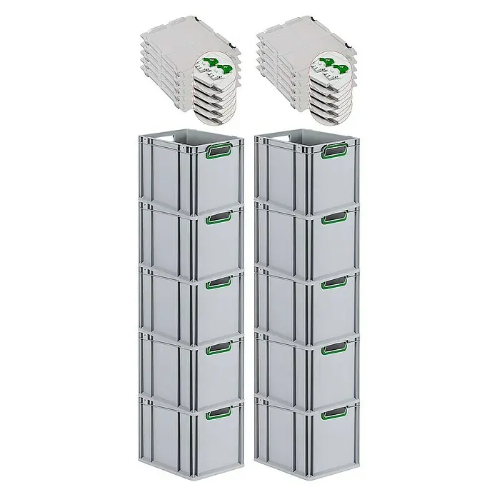 Proregal Euroboxen-Set 10x Eurobox NextGen Color mit Scharnierdeckel und Verschlüssen - L x B x H: 40 x 30 x 32 cm, Kunststoff, Grau, Grün, 10 Stk. - Graue Eurobehälter im Doppelstapel mit grauen Eurodeckeln. Ideale Lager- und Transportlösung mit vielseitigen Anwendungsmöglichkeiten.