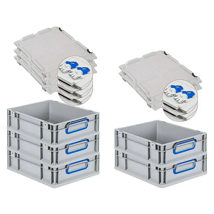 Proregal Euroboxen-Set 5x Eurobox NextGen Color mit Scharnierdeckel und Verschlüssen - L x B x H: 40 x 30 x 12 cm, Kunststoff, Grau, Blau, 5 Stk. - Graue Eurobehälter mit blauen Griffen und passenden Deckeln, ideal für Lagerung und Transport.