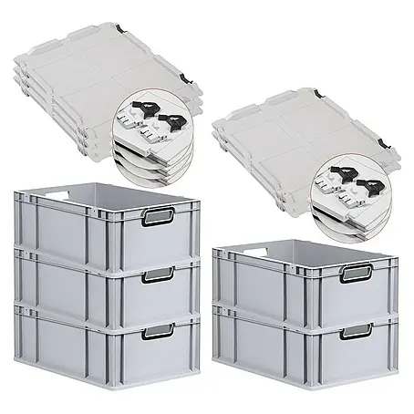 SuperSparSet 5x Eurobox NextGen Color mit Scharnierdeckel und Schiebeschnappverschlüssen | HxBxT 22x40x60cm | 44 Liter | Grau | Griffe schwarz offen | Verstärkter Boden | Eurobehälter, Transportbox, Transportbehälter, Stapelbehälter