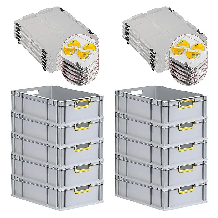 Proregal Euroboxen-Set 10x Eurobox NextGen Color mit Auflagedeckel und Schiebeschnappverschlüsse - L x B x H: 60 x 40 x 17 cm, Kunststoff, Grau, Gelb, 10 Stk. - Stapelbare graue Kunststoffbehälter mit gelben Griffen und dazugehörige Deckel mit Verschlussclips für eine praktische Lagerung.