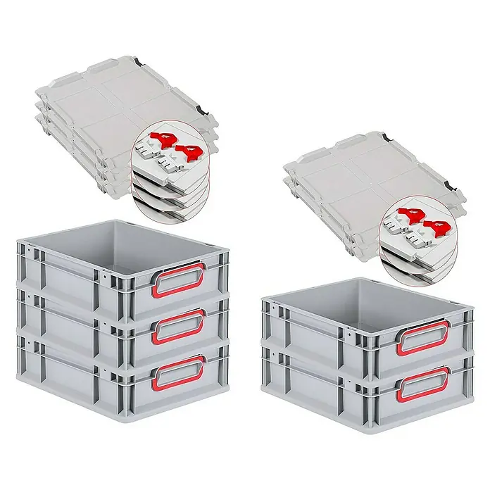 Proregal Euroboxen-Set 5x Eurobox NextGen Color mit Scharnierdeckel und Verschlüssen - L x B x H: 40 x 30 x 12 cm, Kunststoff, Grau, Rot, 5 Stk. - Graue Eurobehälter im Stapel, einige mit roten Griffen, sowie passende graue Deckel. Ideal für Lagerung und Transport.