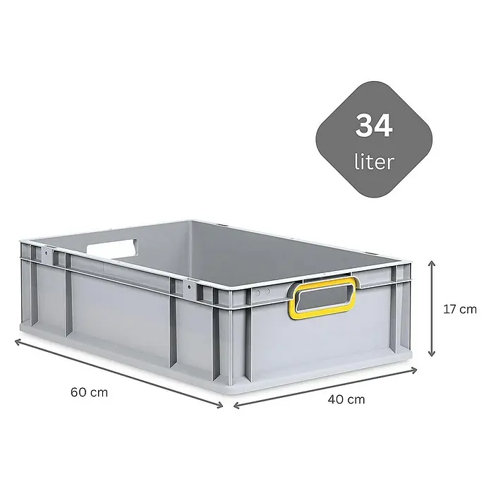 Proregal Euroboxen-Set 10x Eurobox NextGen Color mit Auflagedeckel und Schiebeschnappverschlüsse - L x B x H: 60 x 40 x 17 cm, Kunststoff, Grau, Gelb, 10 Stk. - Graue Kunststoffbox mit den Maßen 60x40x17 cm und einem Fassungsvermögen von 34 Litern.